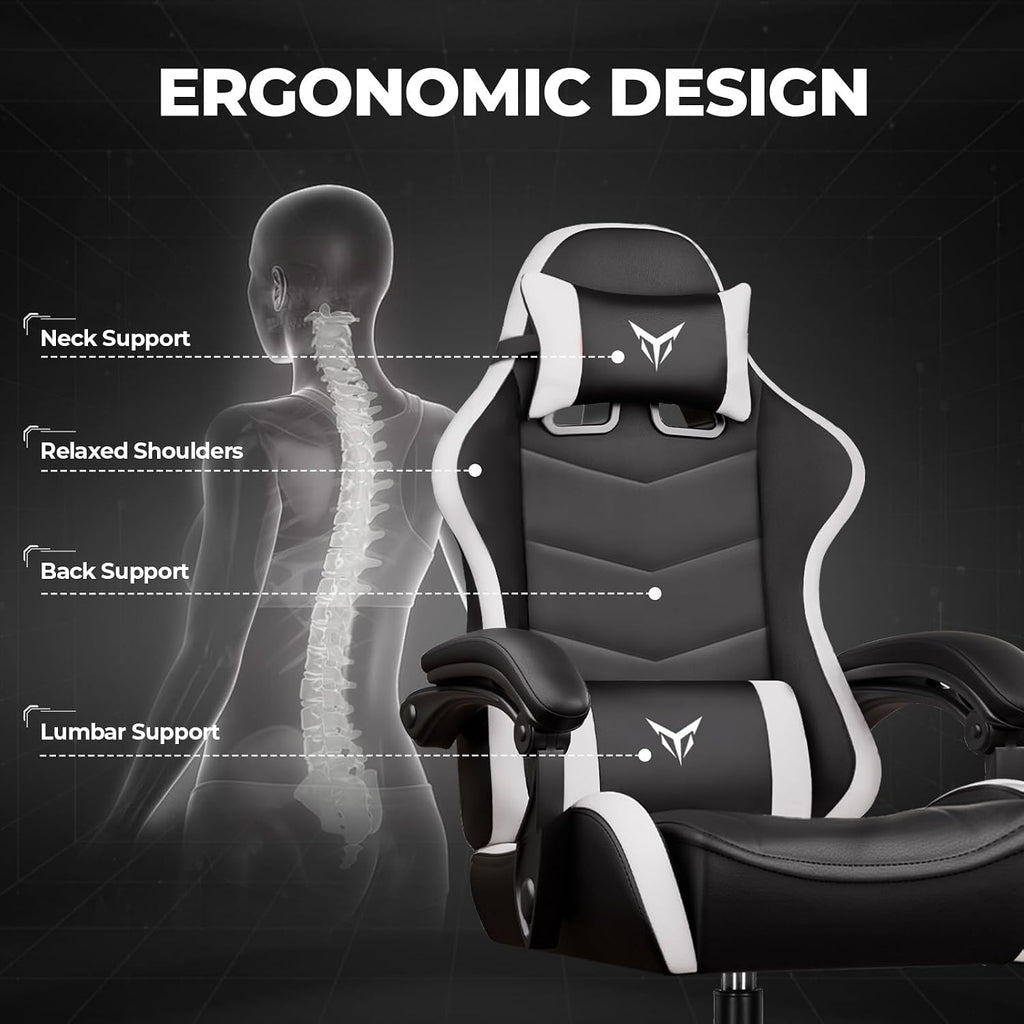 Gaming Chair High Back Computer Chairs for Adults, Ergonomic Height Adjustable Recliner Chair 300Lbs with Linkage Armrest and Lumbar Support for Home Office, White