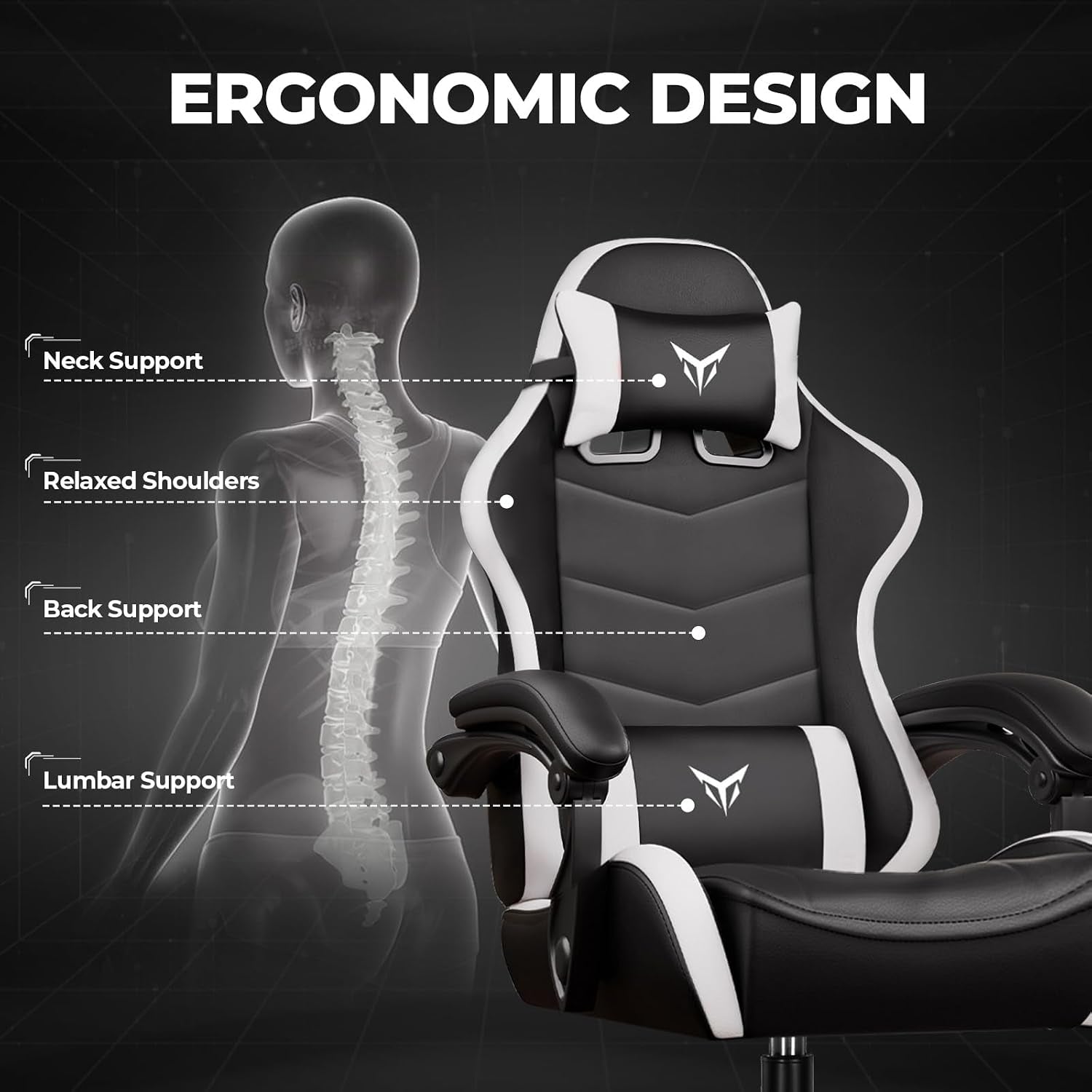 Gaming Chair High Back Computer Chairs for Adults, Ergonomic Height Adjustable Recliner Chair 300Lbs with Linkage Armrest and Lumbar Support for Home Office, White