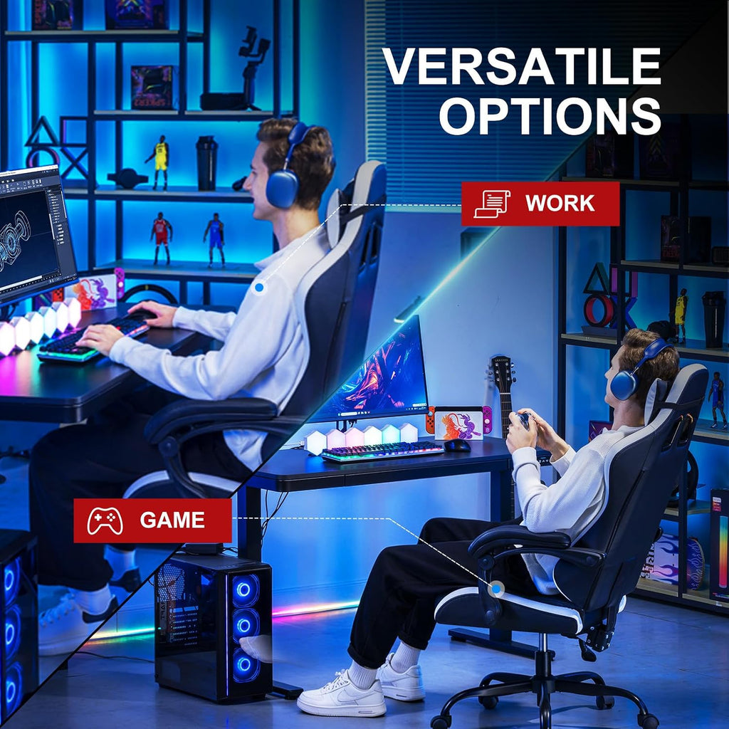 Gaming Chair High Back Computer Chairs for Adults, Ergonomic Height Adjustable Recliner Chair 300Lbs with Linkage Armrest and Lumbar Support for Home Office, White