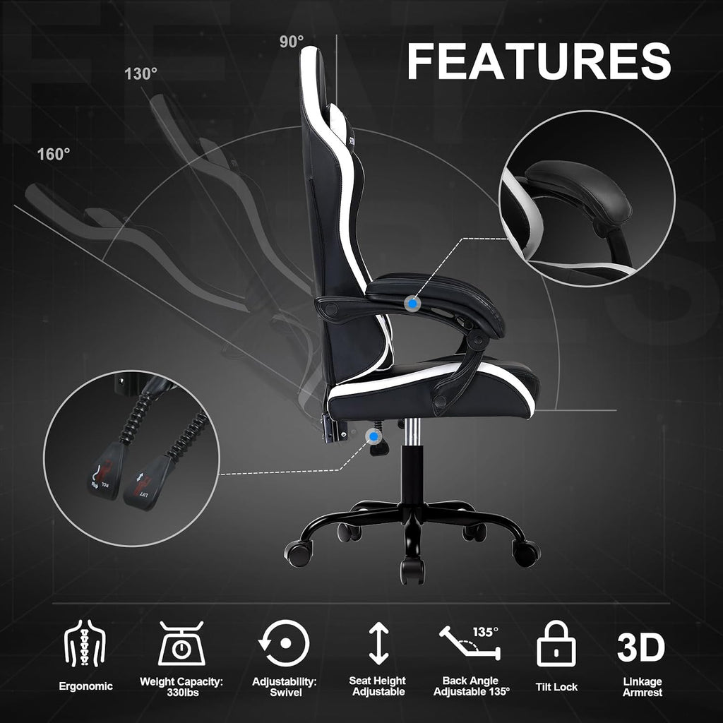 Gaming Chair High Back Computer Chairs for Adults, Ergonomic Height Adjustable Recliner Chair 300Lbs with Linkage Armrest and Lumbar Support for Home Office, White