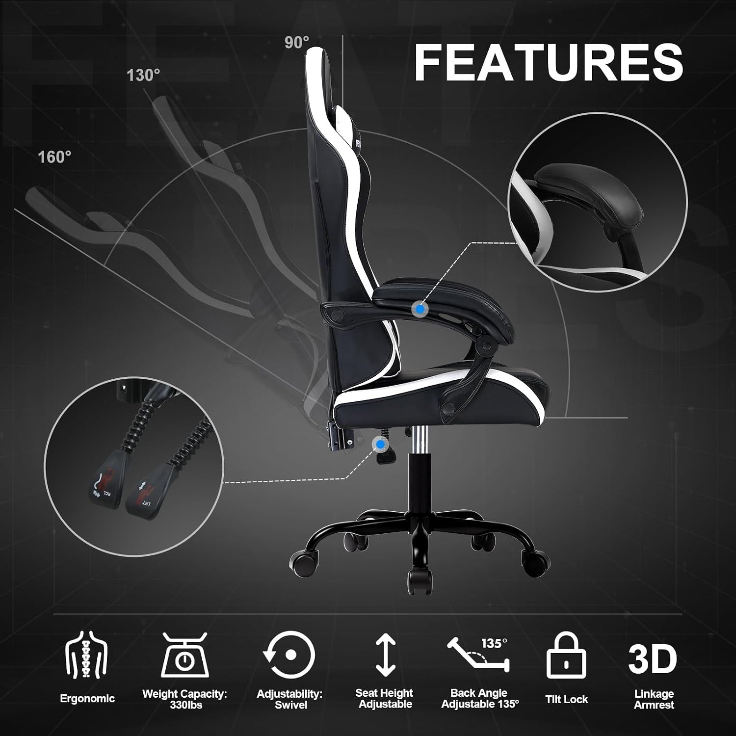 Gaming Chair High Back Computer Chairs for Adults, Ergonomic Height Adjustable Recliner Chair 300Lbs with Linkage Armrest and Lumbar Support for Home Office, White